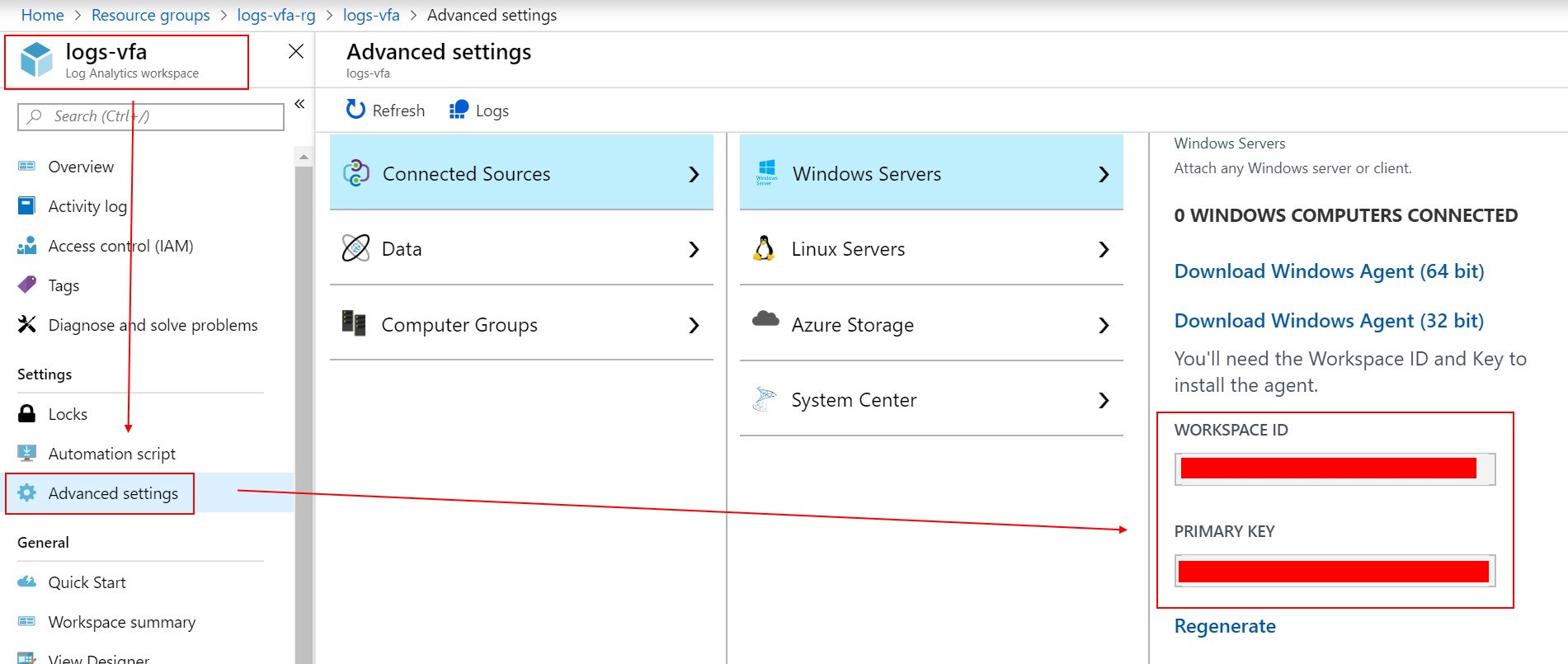 02-get-azure-log-analytics-workspace-id-and-authentication-id-primary-key